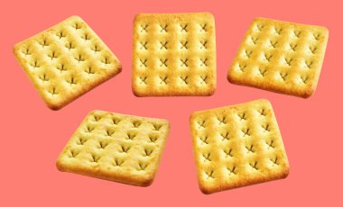 Square crackers isolated or biscuits, butter cookies with clipping path, no shadow in pink background