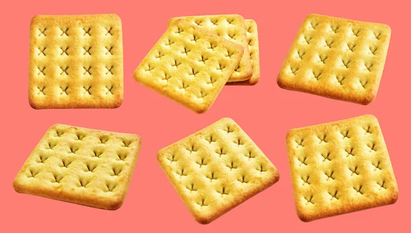 Square crackers isolated or biscuits, butter cookies with clipping path, no shadow in pink background