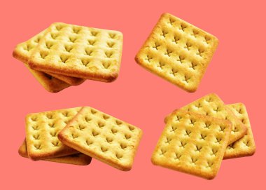 Square crackers isolated or biscuits, butter cookies with clipping path, no shadow in pink background