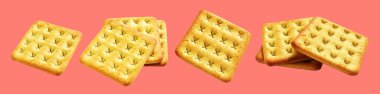 Square crackers isolated or biscuits, butter cookies with clipping path, no shadow in pink background