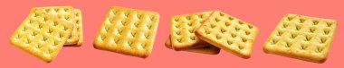 Square crackers isolated or biscuits, butter cookies with clipping path, no shadow in pink background