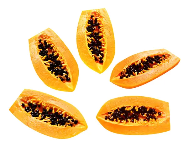 Papaya olgun meyvesi beyaz arka planda kırpma yolu ile izole, gölge yok, sağlıklı tropikal meyve, yarım ve dilimlenmiş,