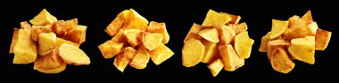 Siyah arka planda kırpma yolu ile izole edilmiş kızarmış patates parçaları, gölge yok, fast food, yemek malzemeleri