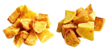 Beyaz arka planda kırpma yolu ile izole edilmiş kızarmış patates parçaları, gölge yok, fast food, yemek malzemeleri