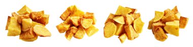 Beyaz arka planda kırpma yolu ile izole edilmiş kızarmış patates parçaları, gölge yok, fast food, yemek malzemeleri