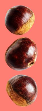 Kırpma yolu ile izole edilmiş kestane, pembe arka planda gölge yok, taze ve sağlıklı yiyecek.