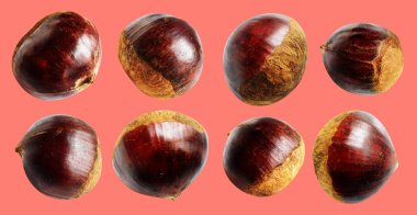 Kırpma yolu ile izole edilmiş kestane, pembe arka planda gölge yok, taze ve sağlıklı yiyecek.