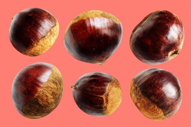 Kırpma yolu ile izole edilmiş kestane, pembe arka planda gölge yok, taze ve sağlıklı yiyecek.