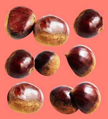 Kırpma yolu ile izole edilmiş kestane, pembe arka planda gölge yok, taze ve sağlıklı yiyecek.