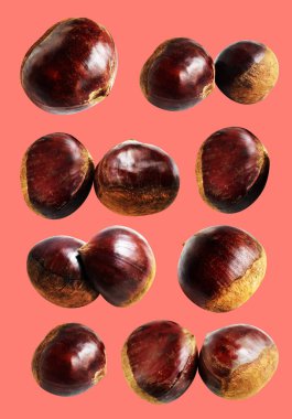 Kırpma yolu ile izole edilmiş kestane, pembe arka planda gölge yok, taze ve sağlıklı yiyecek.