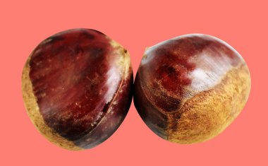 Kırpma yolu ile izole edilmiş kestane, pembe arka planda gölge yok, taze ve sağlıklı yiyecek.