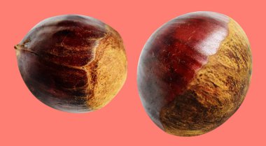 Kırpma yolu ile izole edilmiş kestane, pembe arka planda gölge yok, taze ve sağlıklı yiyecek.