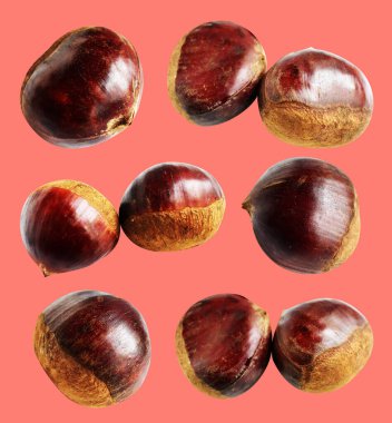 Kırpma yolu ile izole edilmiş kestane, pembe arka planda gölge yok, taze ve sağlıklı yiyecek.