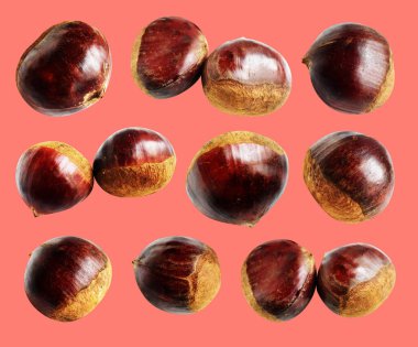 Kırpma yolu ile izole edilmiş kestane, pembe arka planda gölge yok, taze ve sağlıklı yiyecek.