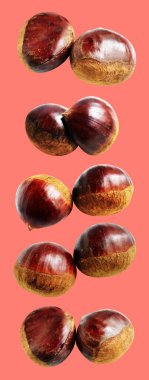 Kırpma yolu ile izole edilmiş kestane, pembe arka planda gölge yok, taze ve sağlıklı yiyecek.