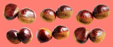 Kırpma yolu ile izole edilmiş kestane, pembe arka planda gölge yok, taze ve sağlıklı yiyecek.