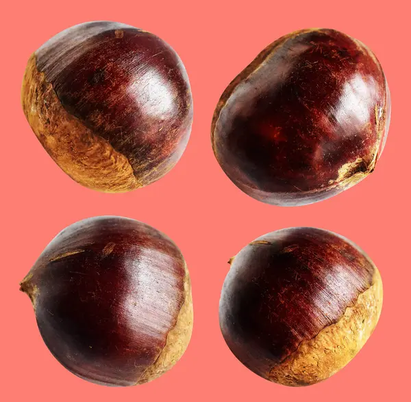 Kırpma yolu ile izole edilmiş kestane, pembe arka planda gölge yok, taze ve sağlıklı yiyecek.