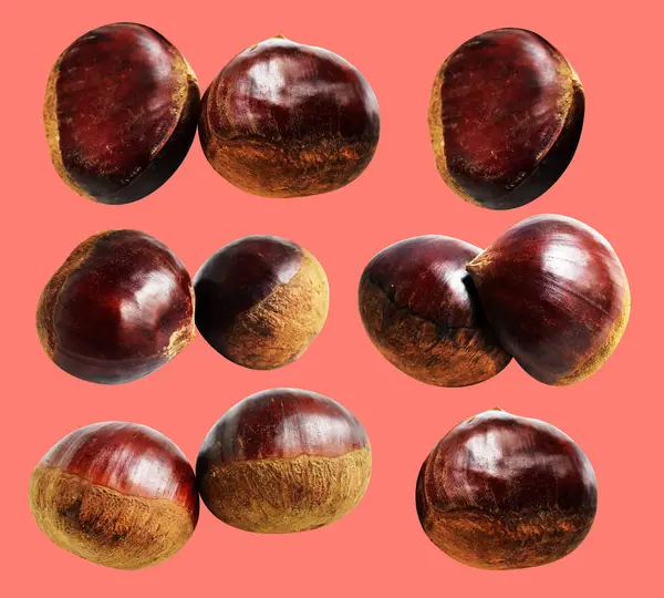 Kırpma yolu ile izole edilmiş kestane, pembe arka planda gölge yok, taze ve sağlıklı yiyecek.