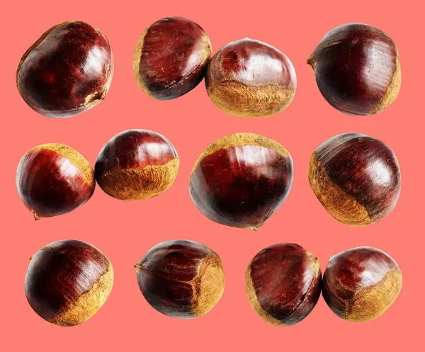 Kırpma yolu ile izole edilmiş kestane, pembe arka planda gölge yok, taze ve sağlıklı yiyecek.