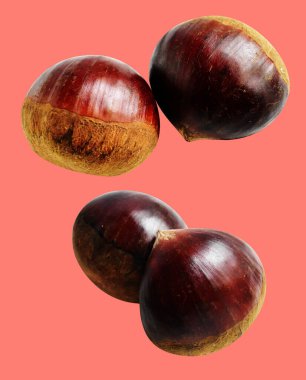 Kırpma yolu ile izole edilmiş kestane, pembe arka planda gölge yok, taze ve sağlıklı yiyecek.