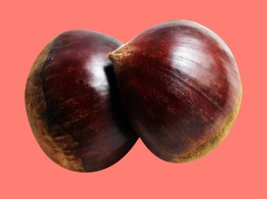 Kırpma yolu ile izole edilmiş kestane, pembe arka planda gölge yok, taze ve sağlıklı yiyecek.