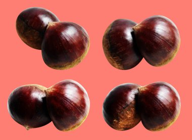 Kırpma yolu ile izole edilmiş kestane, pembe arka planda gölge yok, taze ve sağlıklı yiyecek.