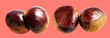 Kırpma yolu ile izole edilmiş kestane, pembe arka planda gölge yok, taze ve sağlıklı yiyecek.