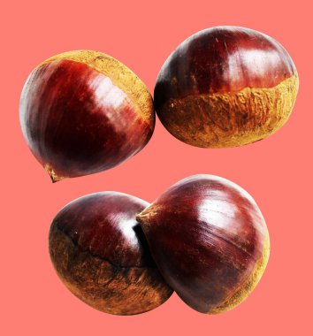 Kırpma yolu ile izole edilmiş kestane, pembe arka planda gölge yok, taze ve sağlıklı yiyecek.