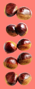 Kırpma yolu ile izole edilmiş kestane, pembe arka planda gölge yok, taze ve sağlıklı yiyecek.