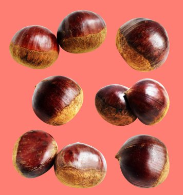 Kırpma yolu ile izole edilmiş kestane, pembe arka planda gölge yok, taze ve sağlıklı yiyecek.