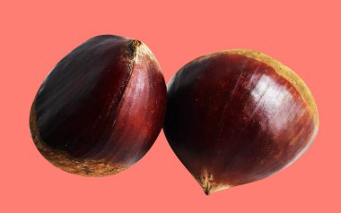 Kırpma yolu ile izole edilmiş kestane, pembe arka planda gölge yok, taze ve sağlıklı yiyecek.