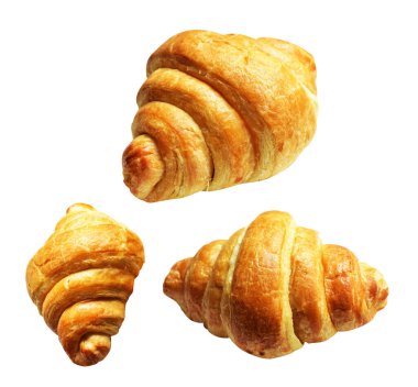 Tereyağlı kruvasan beyaz arka planda, kırpma yolu yok, gölge yok, ev yapımı tatlı fırını.