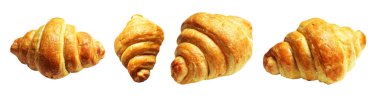 Tereyağlı kruvasan beyaz arka planda, kırpma yolu yok, gölge yok, ev yapımı tatlı fırını.