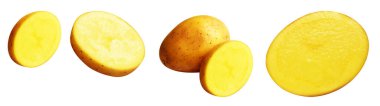 Beyaz arka planda kesilmiş patates dilimleri, gölge yok, çiğ sebze, yemek malzemesi