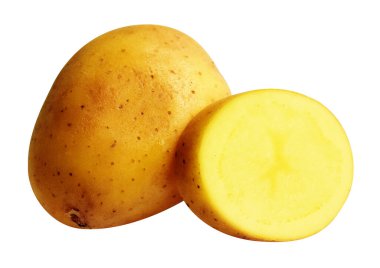 Beyaz arka planda kesilmiş patates dilimleri, gölge yok, çiğ sebze, yemek malzemesi