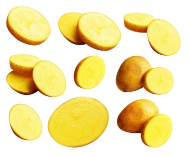 Beyaz arka planda kesilmiş patates dilimleri, gölge yok, çiğ sebze, yemek malzemesi