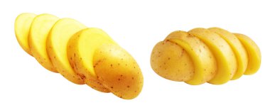 Beyaz arka planda kesilmiş patates dilimleri, gölge yok, çiğ sebze, yemek malzemesi