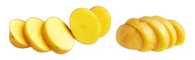 Beyaz arka planda kesilmiş patates dilimleri, gölge yok, çiğ sebze, yemek malzemesi
