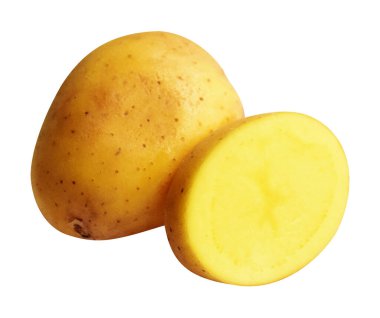 Beyaz arka planda kesilmiş patates dilimleri, gölge yok, çiğ sebze, yemek malzemesi