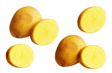 Beyaz arka planda kesilmiş patates dilimleri, gölge yok, çiğ sebze, yemek malzemesi