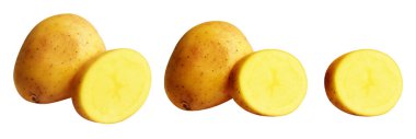 Beyaz arka planda kesilmiş patates dilimleri, gölge yok, çiğ sebze, yemek malzemesi