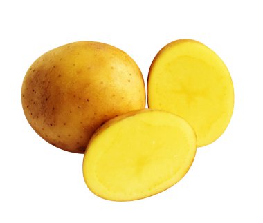 Beyaz arka planda kesilmiş patates dilimleri, gölge yok, çiğ sebze, yemek malzemesi