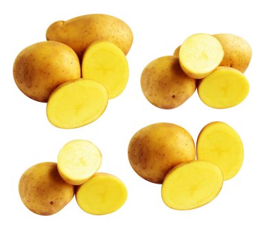 Beyaz arka planda kesilmiş patates dilimleri, gölge yok, çiğ sebze, yemek malzemesi