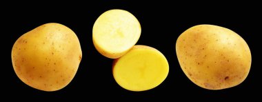 Patates, siyah arka planda kırpma yolu ile izole edilmiş, gölge yok, çiğ sebze, yemek malzemesi