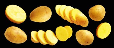 Patates, siyah arka planda kırpma yolu ile izole edilmiş, gölge yok, çiğ sebze, yemek malzemesi