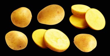 Patates, siyah arka planda kırpma yolu ile izole edilmiş, gölge yok, çiğ sebze, yemek malzemesi