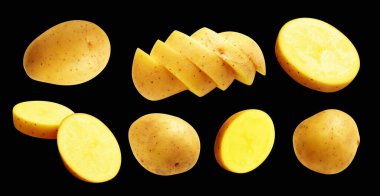 Patates, siyah arka planda kırpma yolu ile izole edilmiş, gölge yok, çiğ sebze, yemek malzemesi