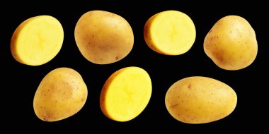 Patates, siyah arka planda kırpma yolu ile izole edilmiş, gölge yok, çiğ sebze, yemek malzemesi