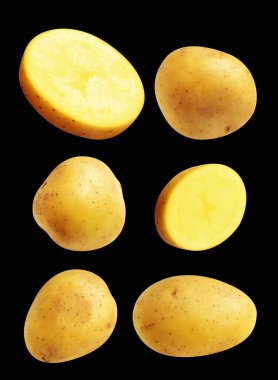Patates, siyah arka planda kırpma yolu ile izole edilmiş, gölge yok, çiğ sebze, yemek malzemesi