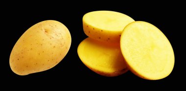 Patates, siyah arka planda kırpma yolu ile izole edilmiş, gölge yok, çiğ sebze, yemek malzemesi